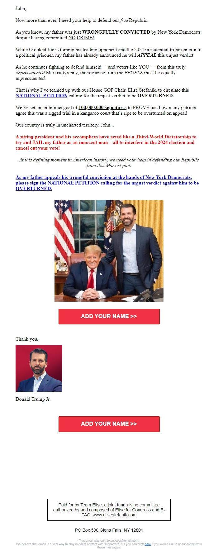Screenshot of the email generated on import