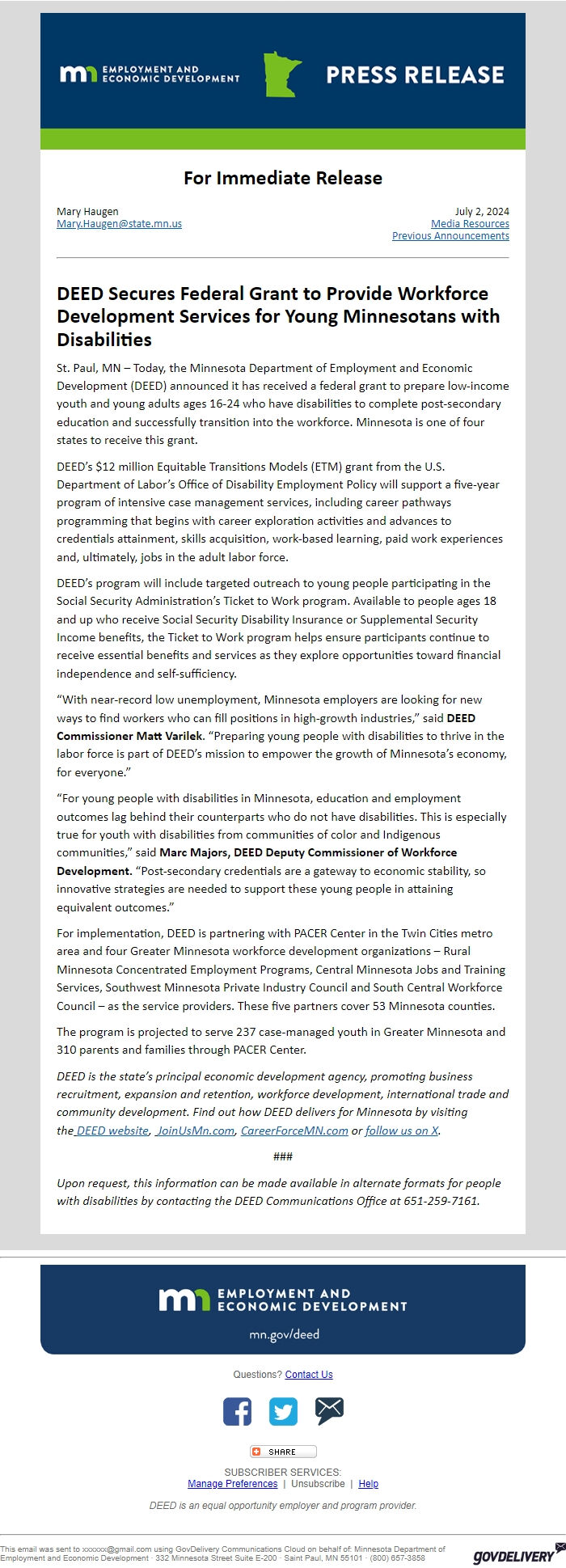 Screenshot of the email generated on import