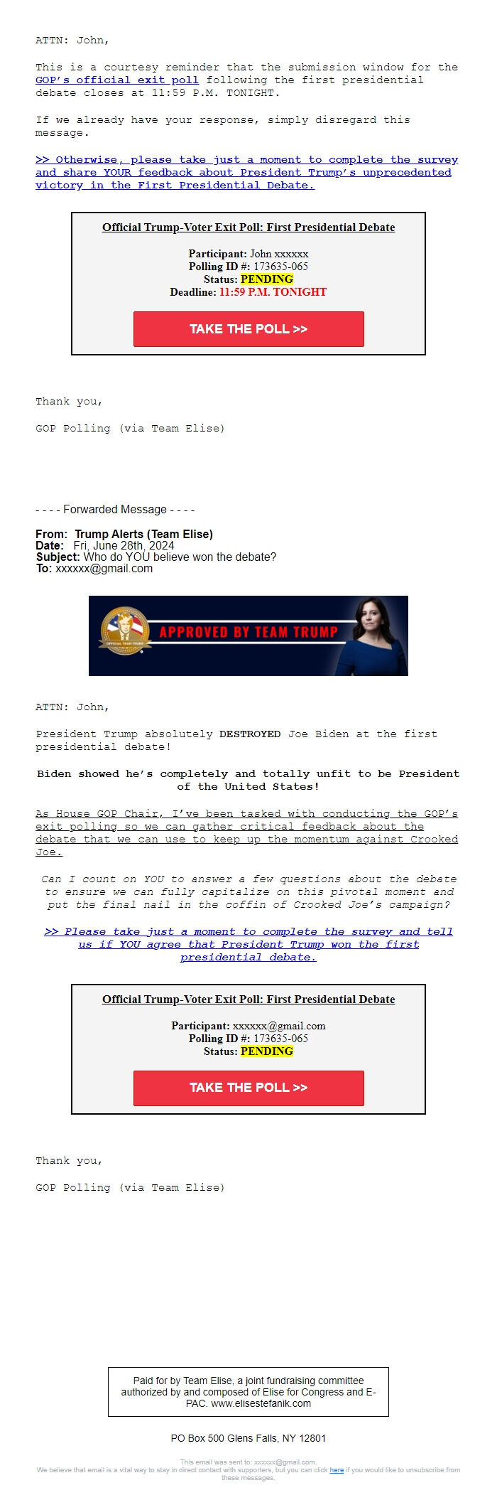 Screenshot of the email generated on import