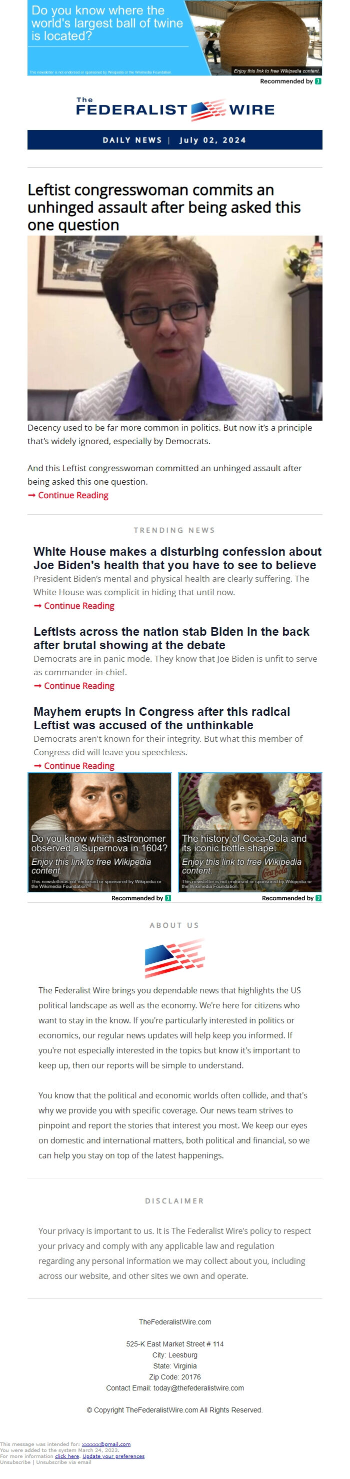 Screenshot of the email generated on import