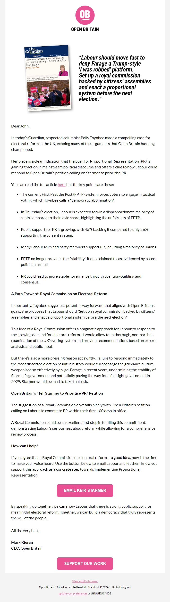 Screenshot of the email generated on import