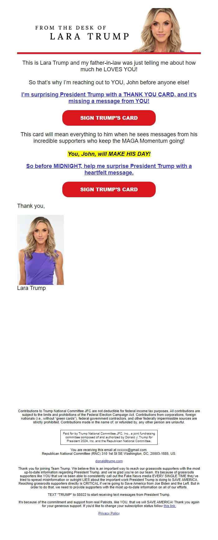 Screenshot of the email generated on import