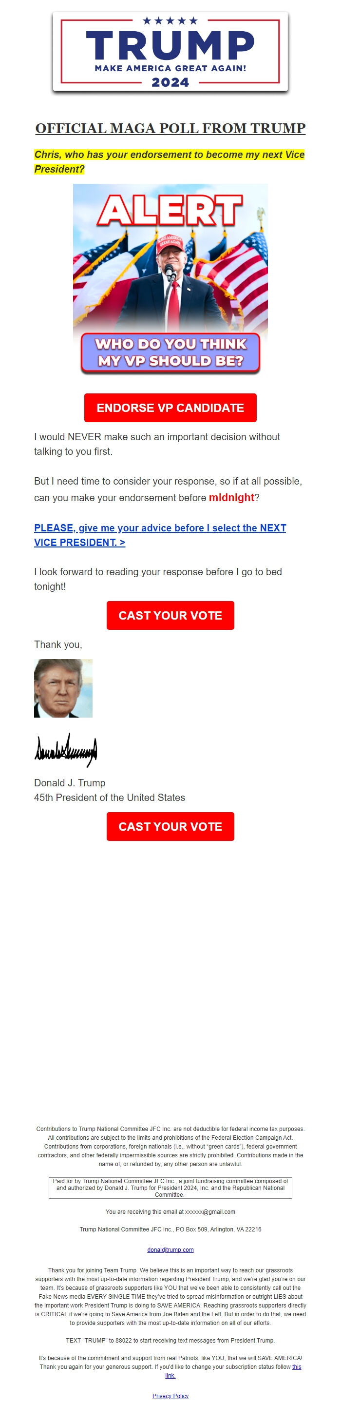 Screenshot of the email generated on import