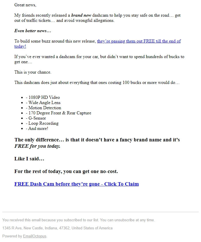 Screenshot of the email generated on import