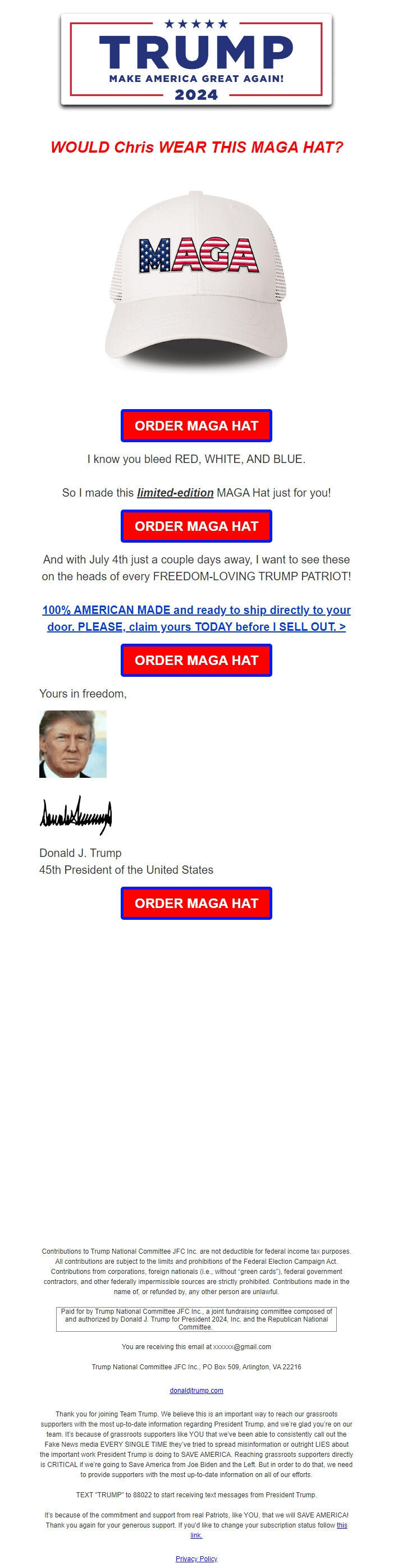 Screenshot of the email generated on import