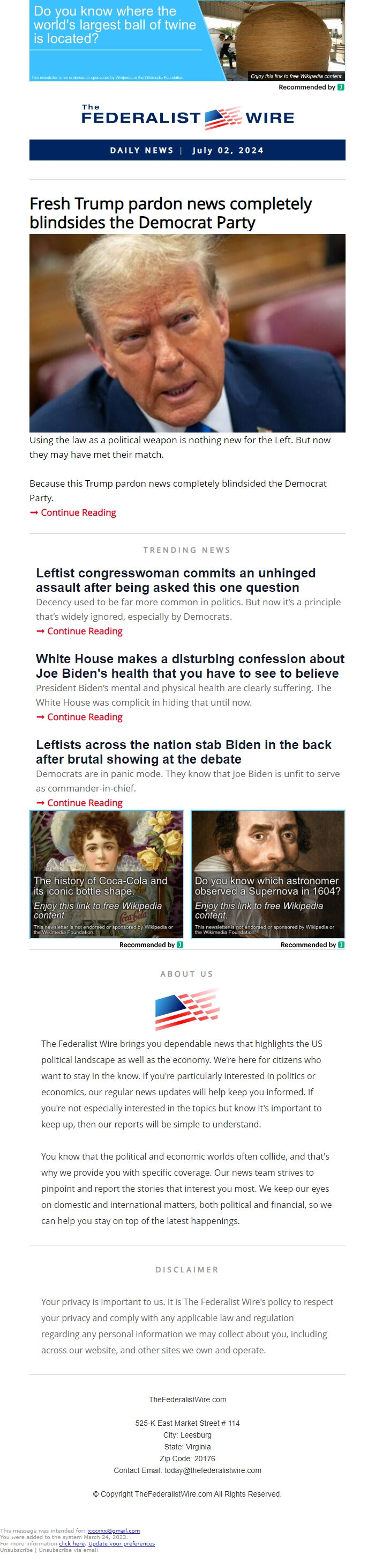 Screenshot of the email generated on import