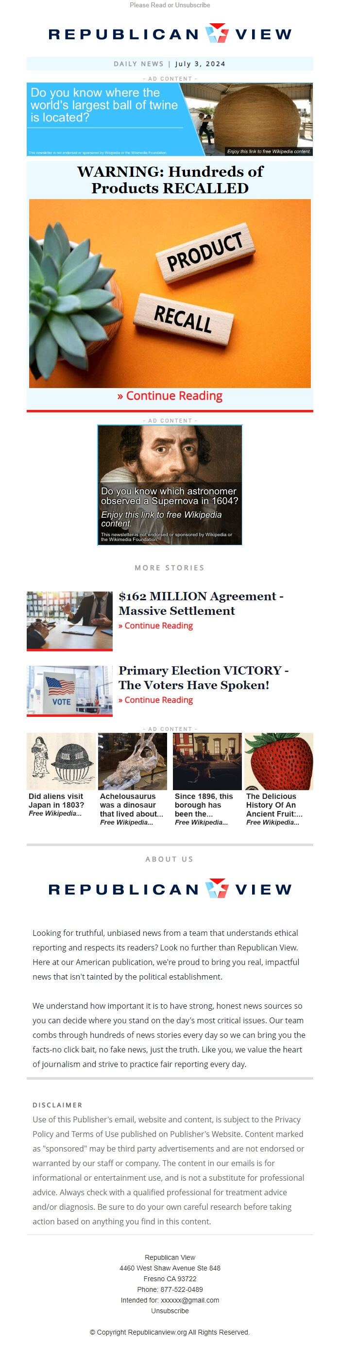 Screenshot of the email generated on import