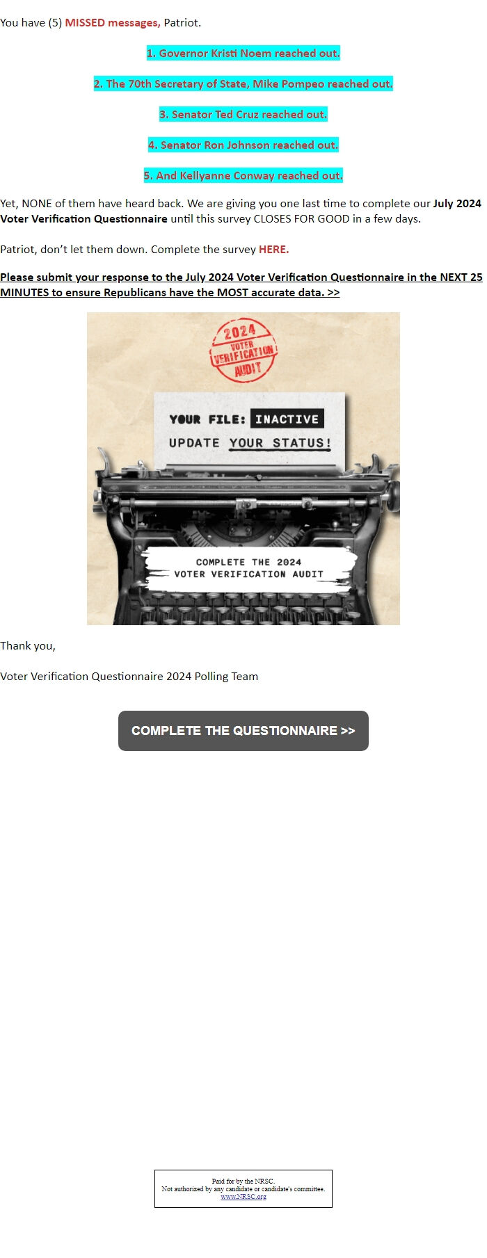 Screenshot of the email generated on import