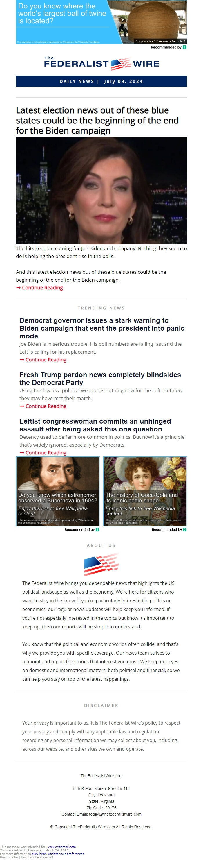 Screenshot of the email generated on import