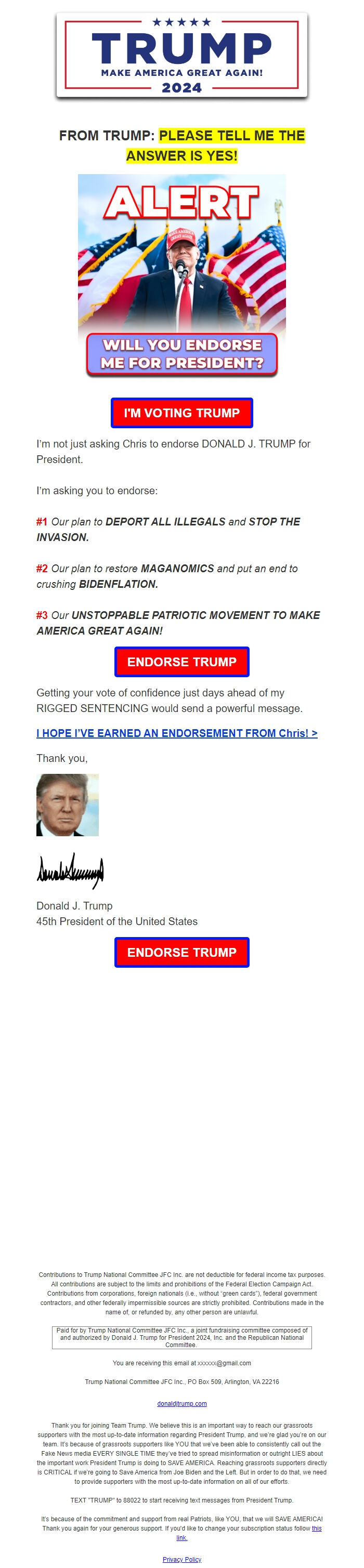 Screenshot of the email generated on import