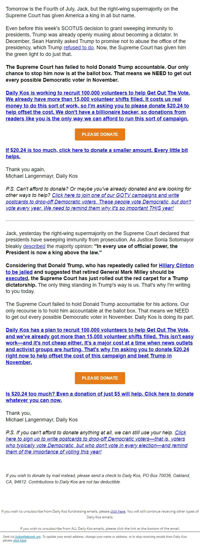 Screenshot of the email generated on import