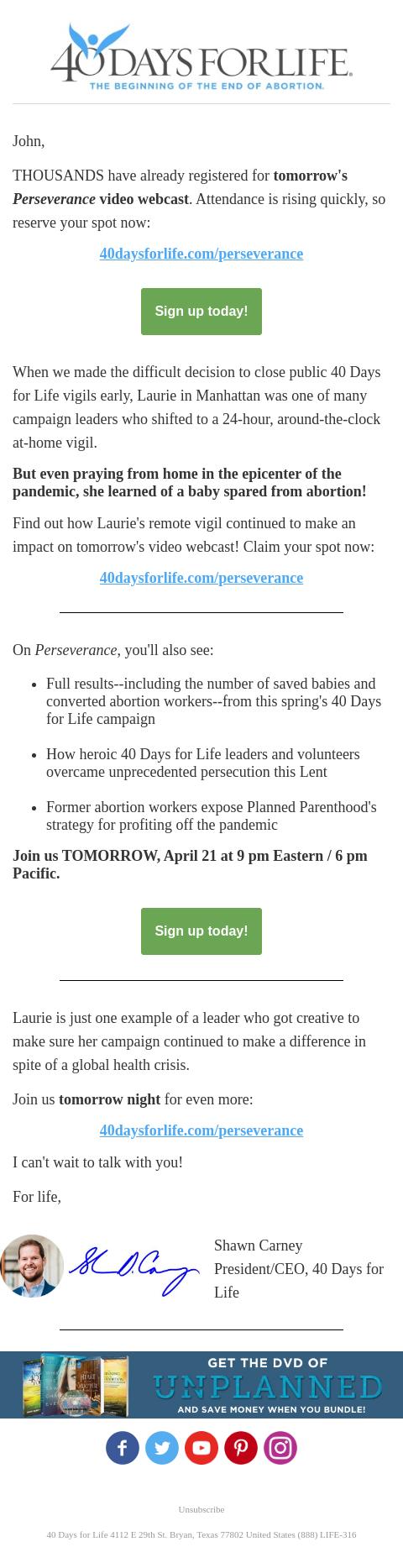 Screenshot of the email generated on import