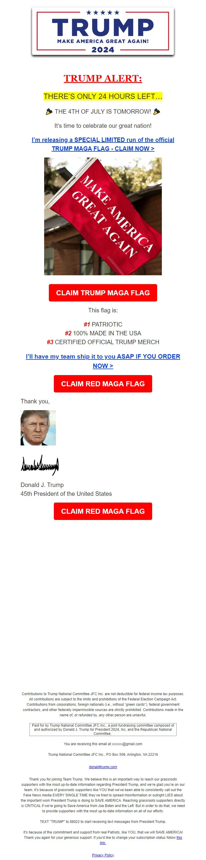Screenshot of the email generated on import