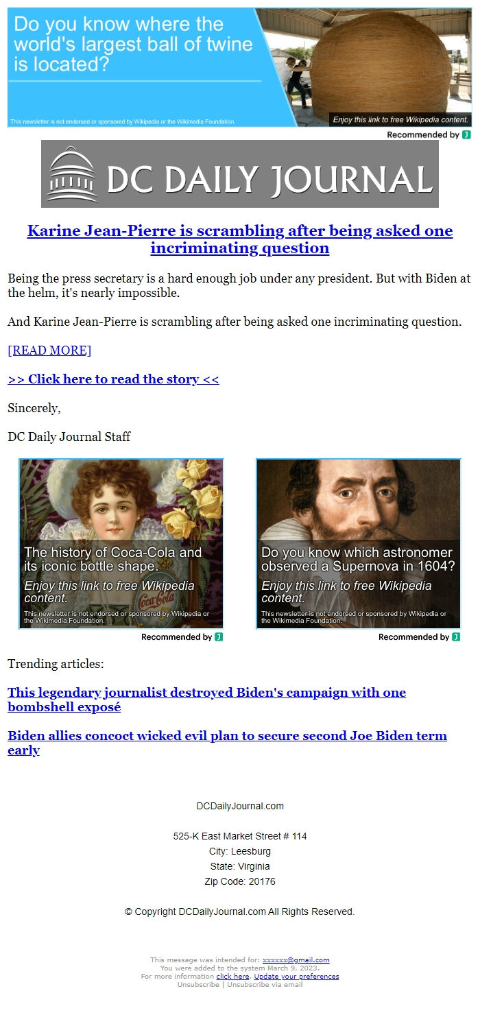 Screenshot of the email generated on import