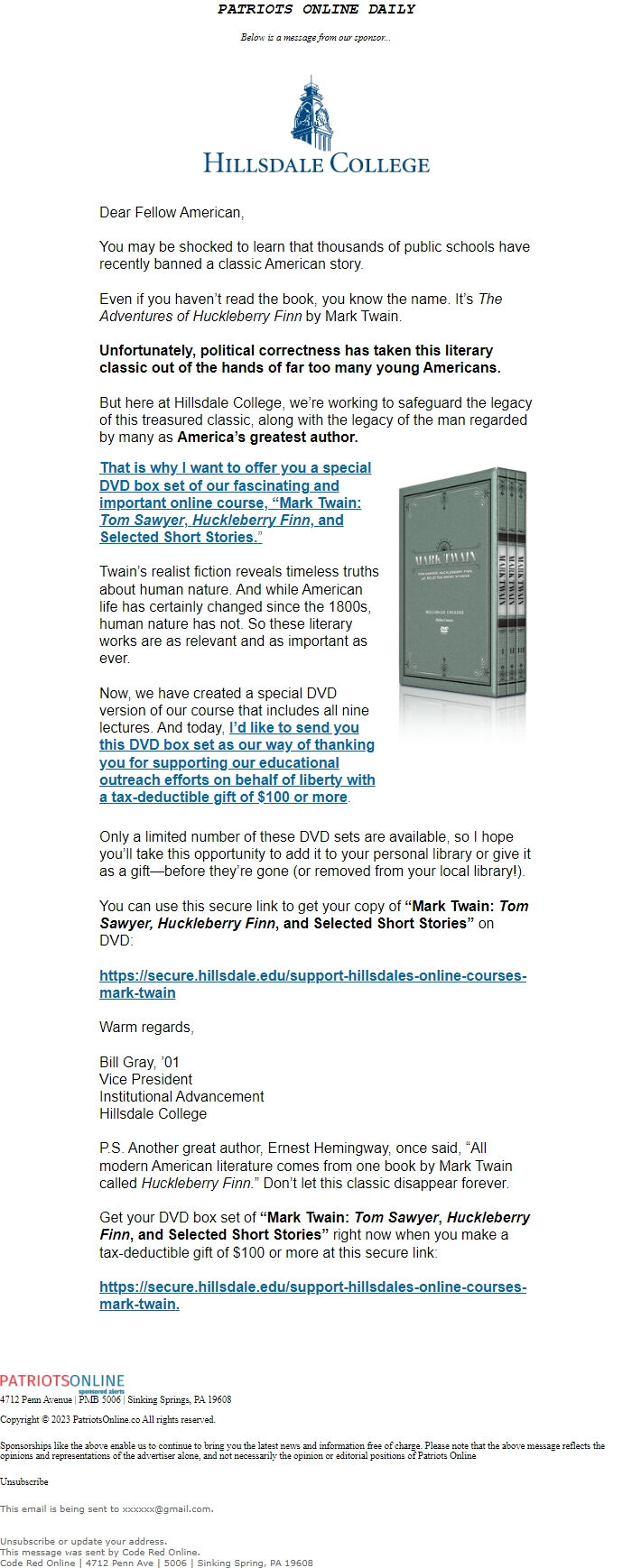 Screenshot of the email generated on import