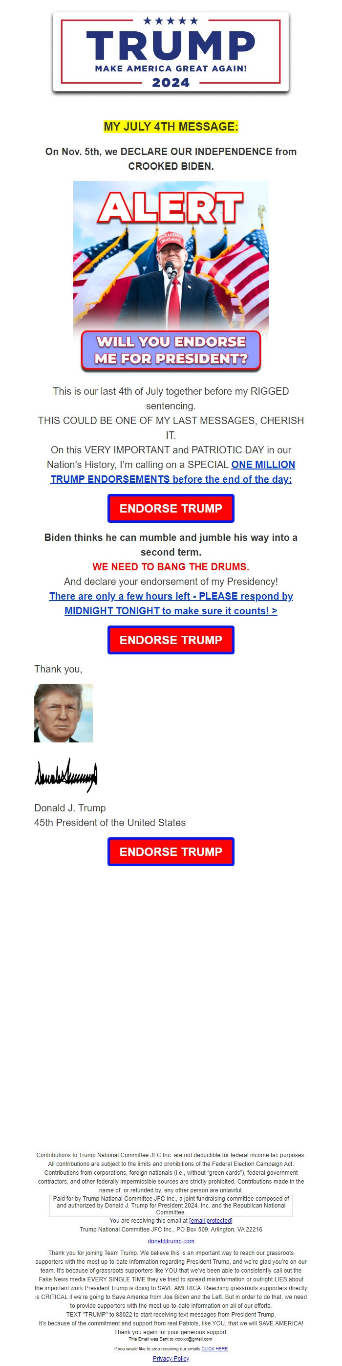 Screenshot of the email generated on import