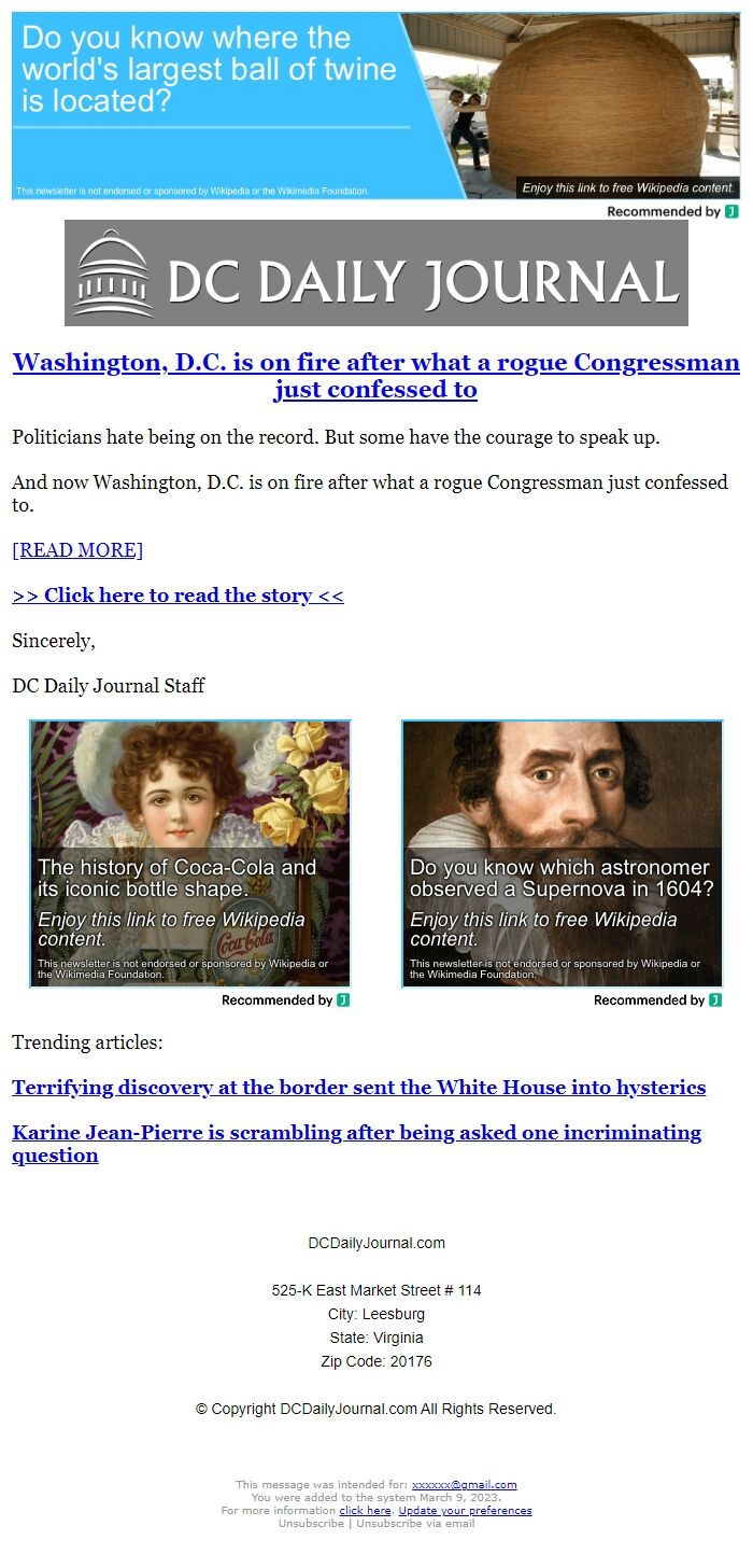 Screenshot of the email generated on import