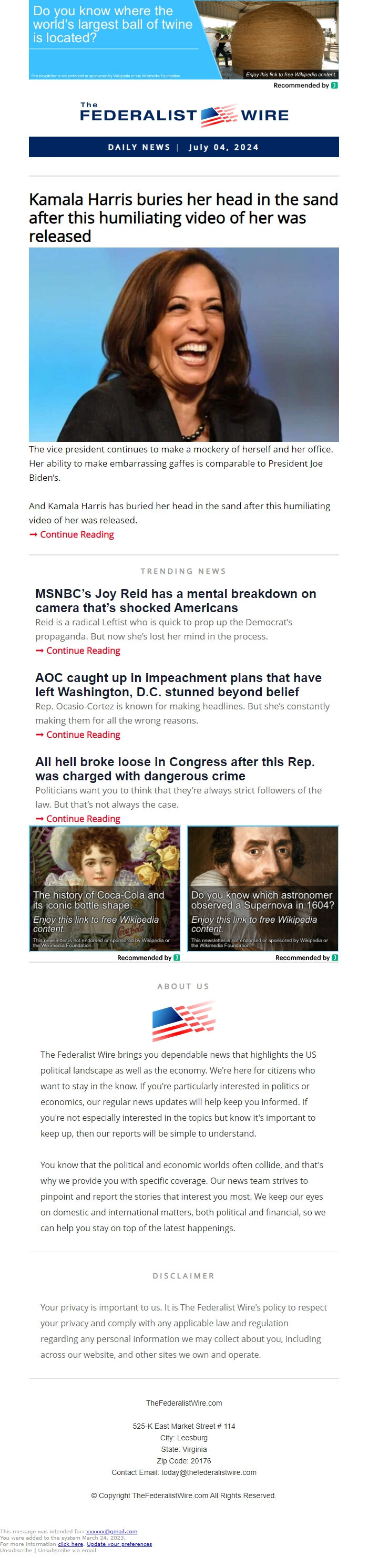 Screenshot of the email generated on import