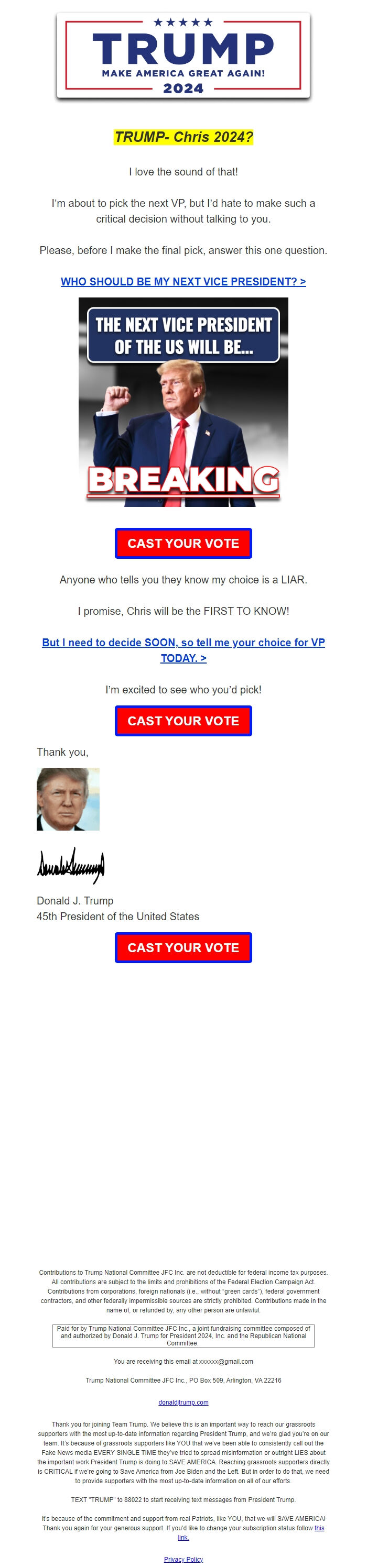 Screenshot of the email generated on import