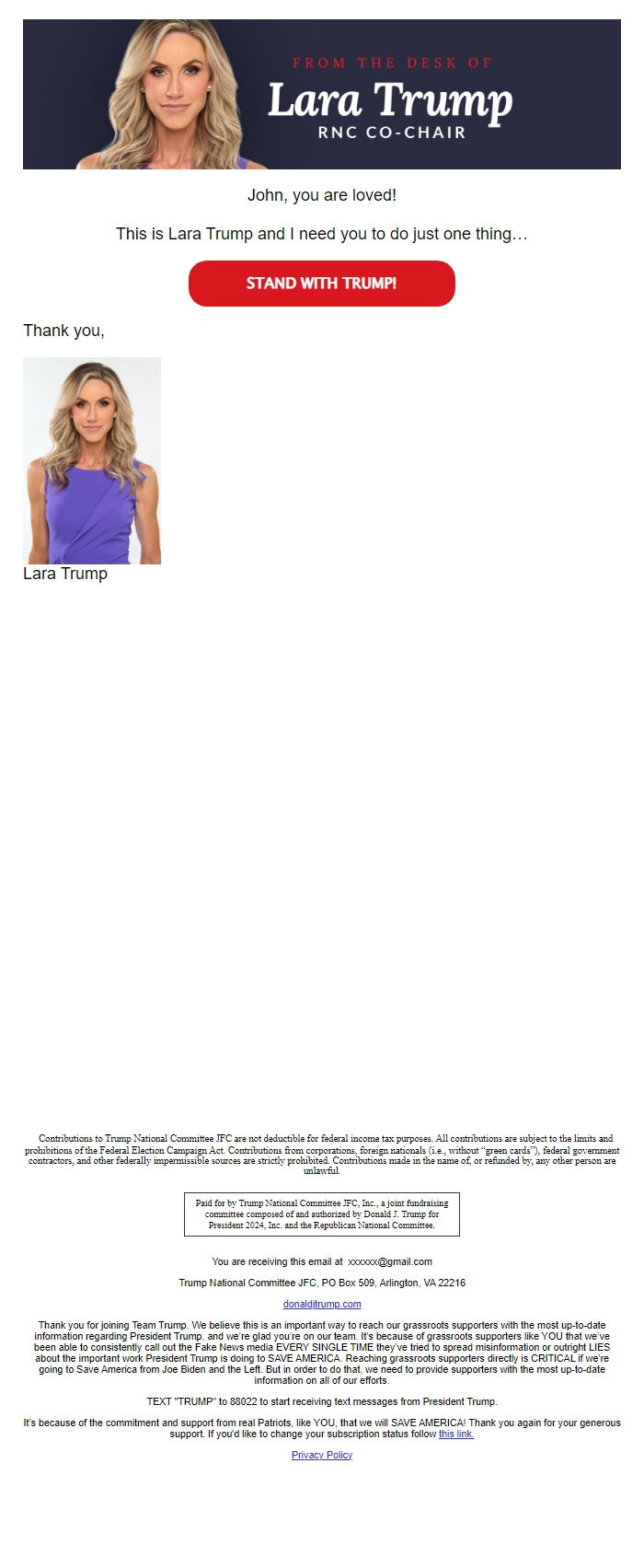 Screenshot of the email generated on import