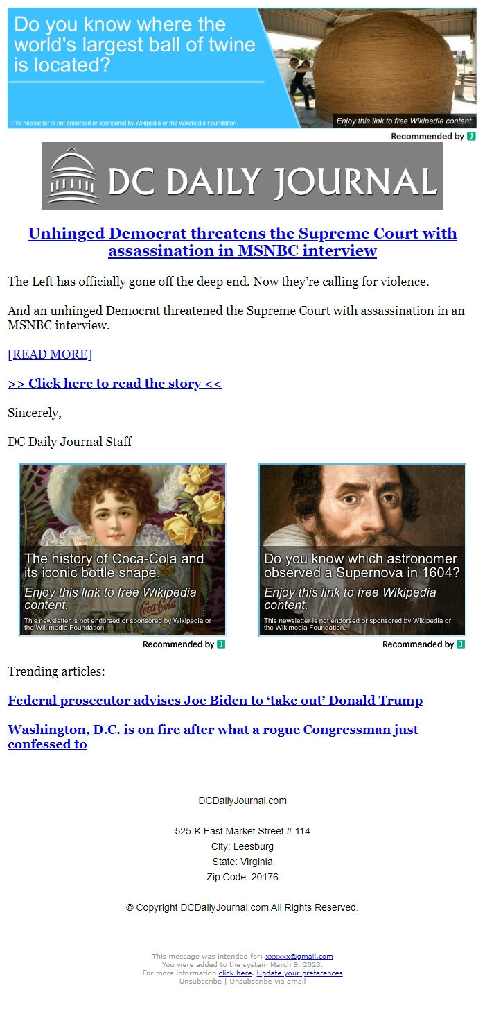 Screenshot of the email generated on import