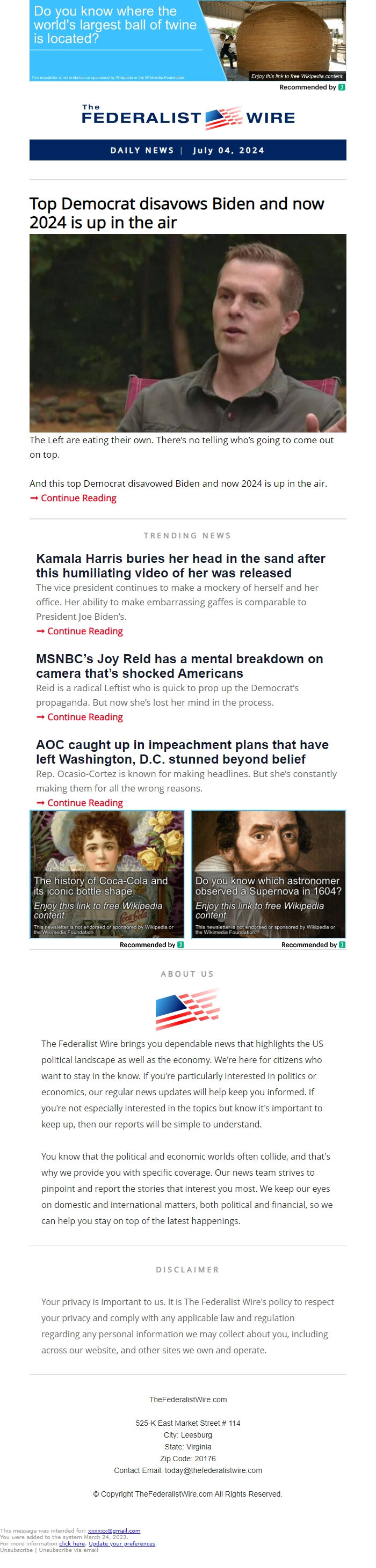 Screenshot of the email generated on import