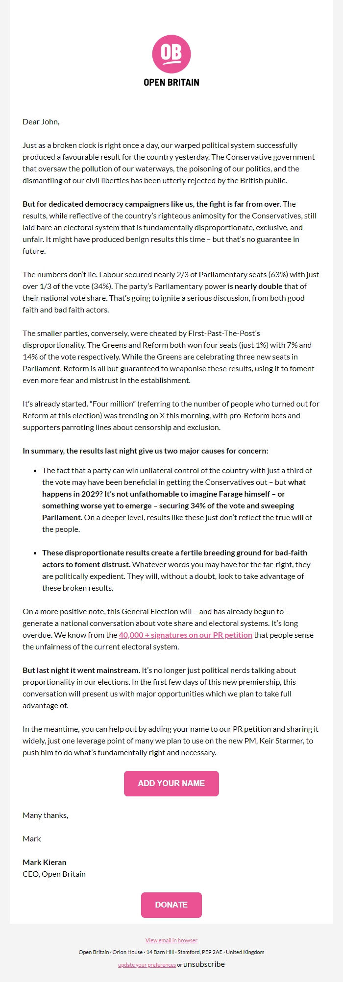 Screenshot of the email generated on import