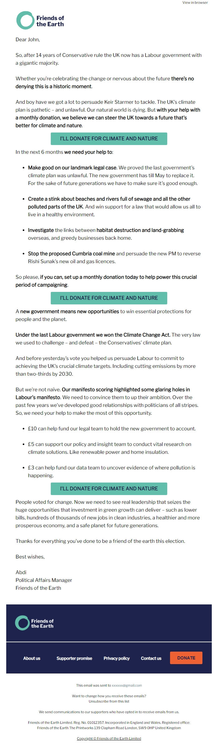 Screenshot of the email generated on import