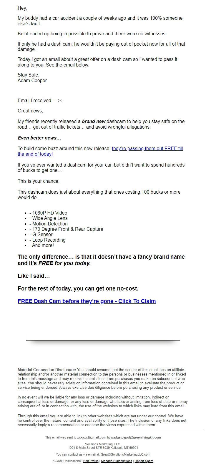 Screenshot of the email generated on import