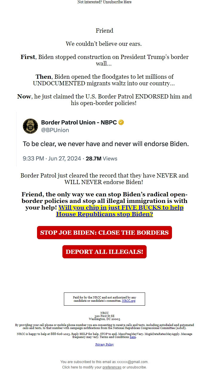 Screenshot of the email generated on import