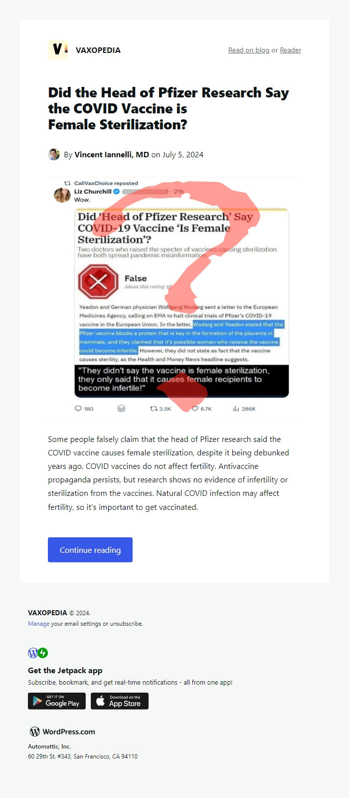 Screenshot of the email generated on import