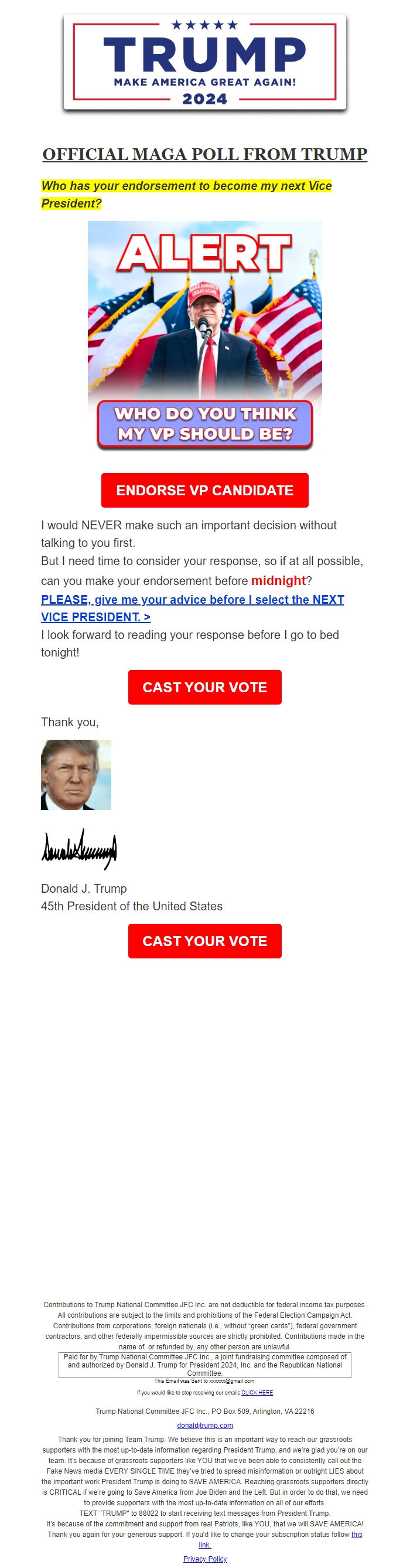 Screenshot of the email generated on import