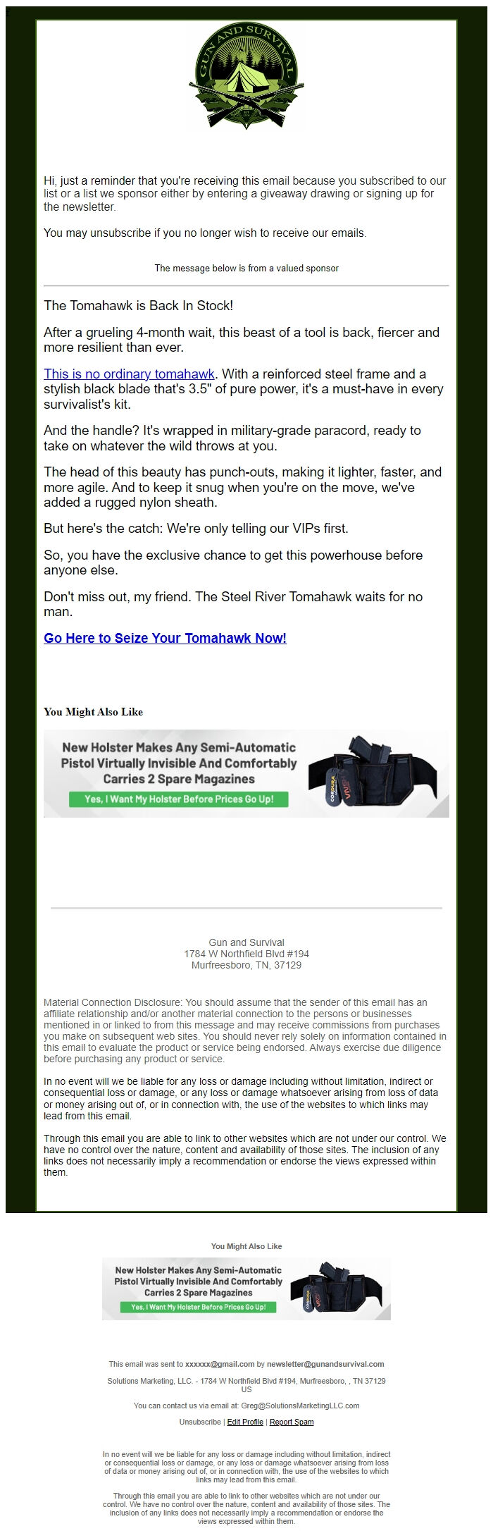 Screenshot of the email generated on import