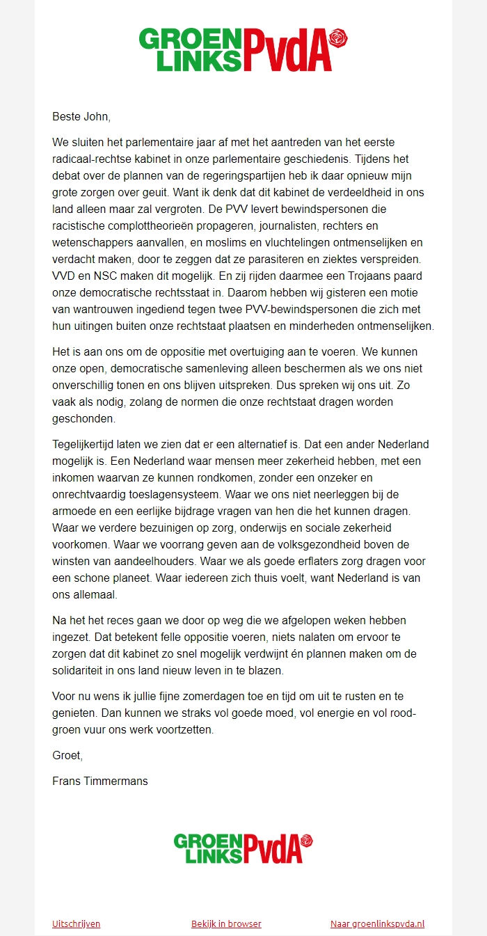 Screenshot of the email generated on import