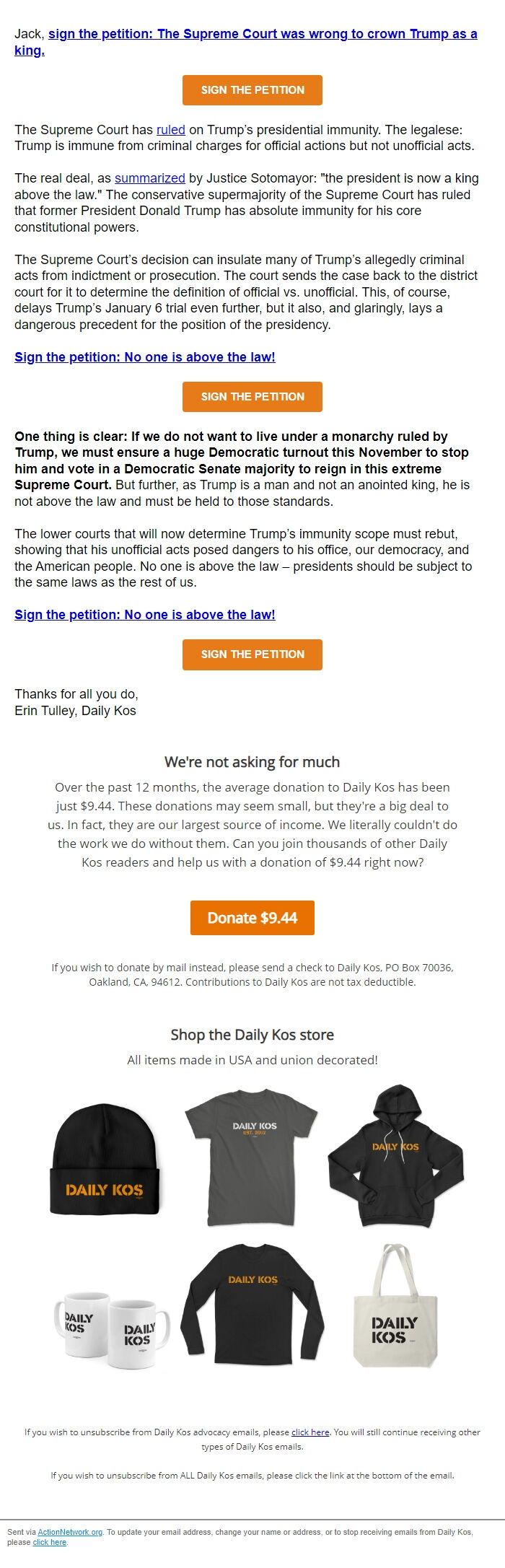 Screenshot of the email generated on import