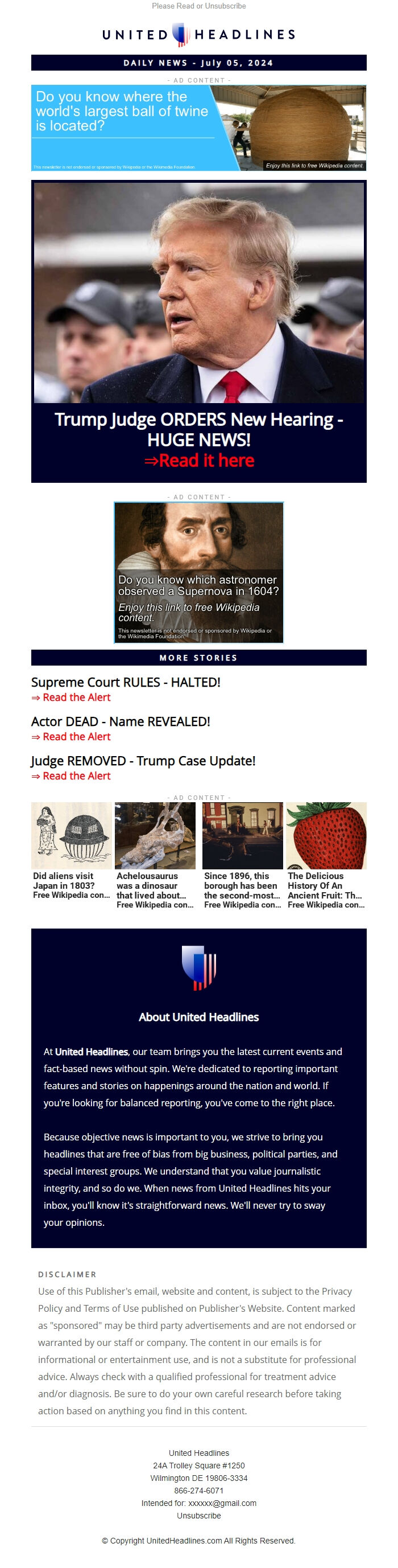 Screenshot of the email generated on import