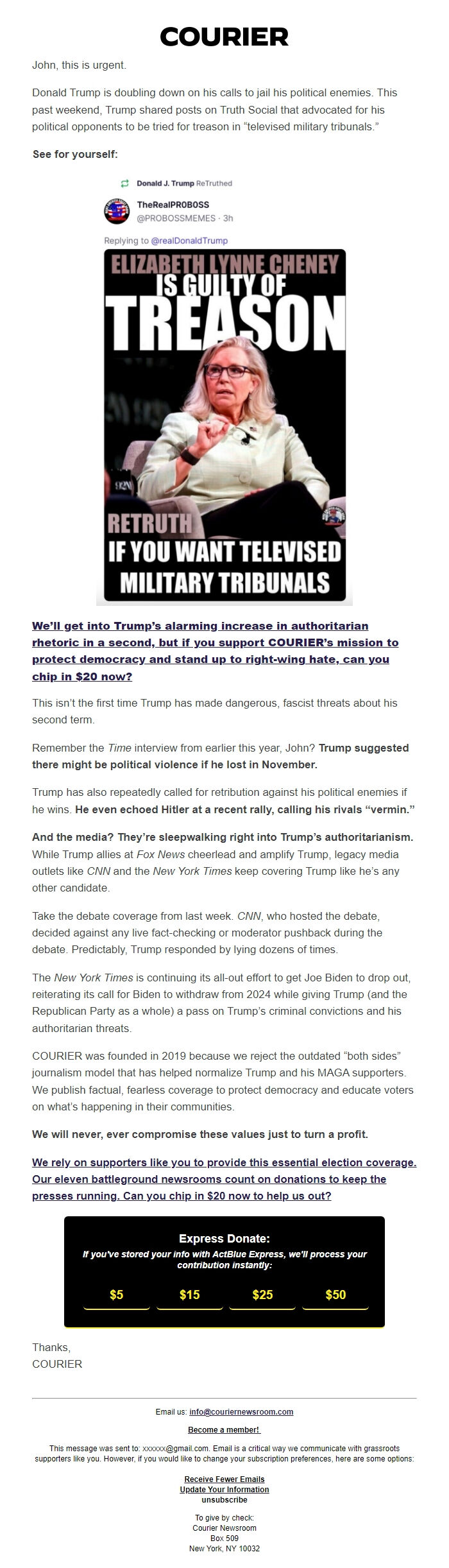 Screenshot of the email generated on import