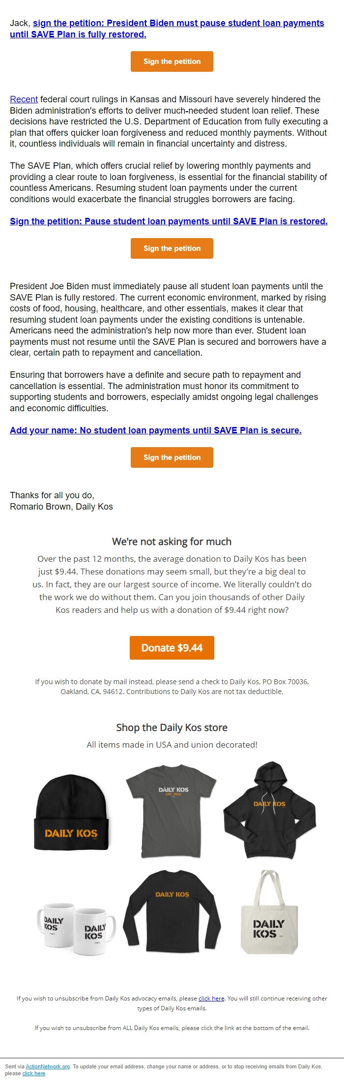 Screenshot of the email generated on import