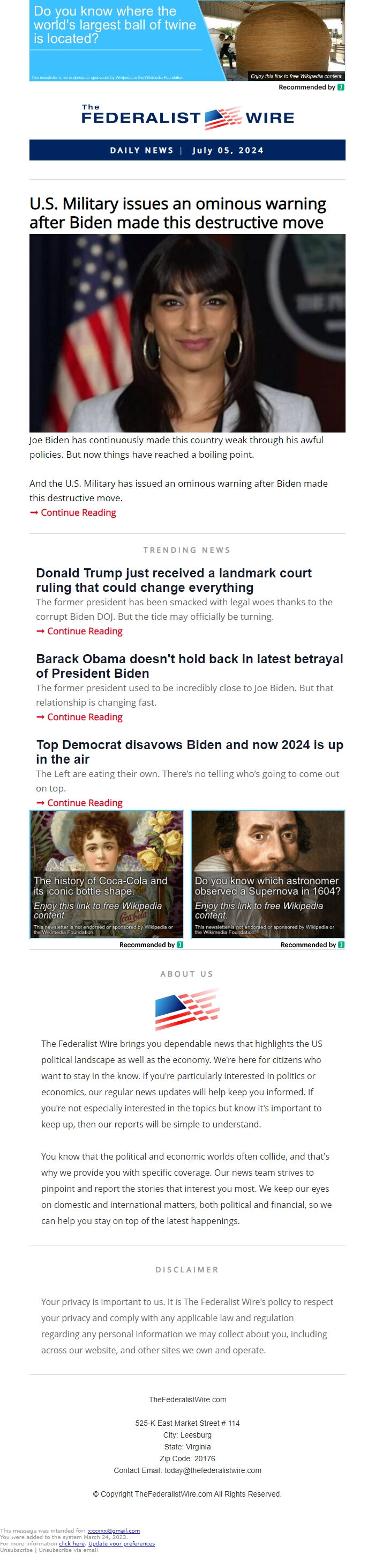 Screenshot of the email generated on import