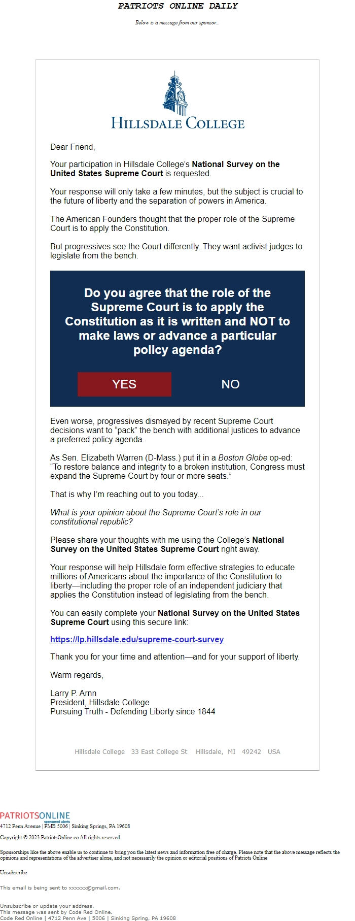 Screenshot of the email generated on import