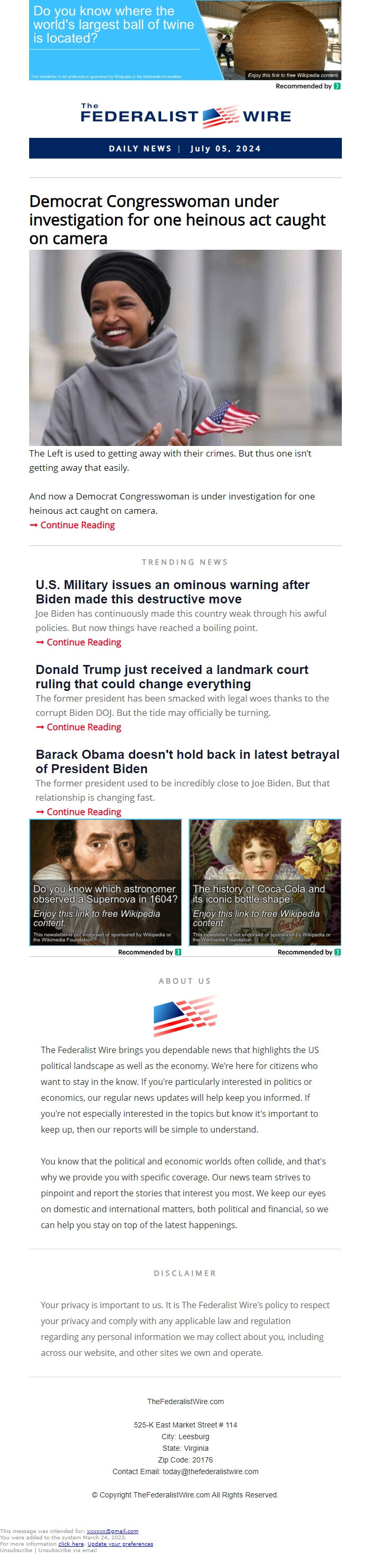 Screenshot of the email generated on import