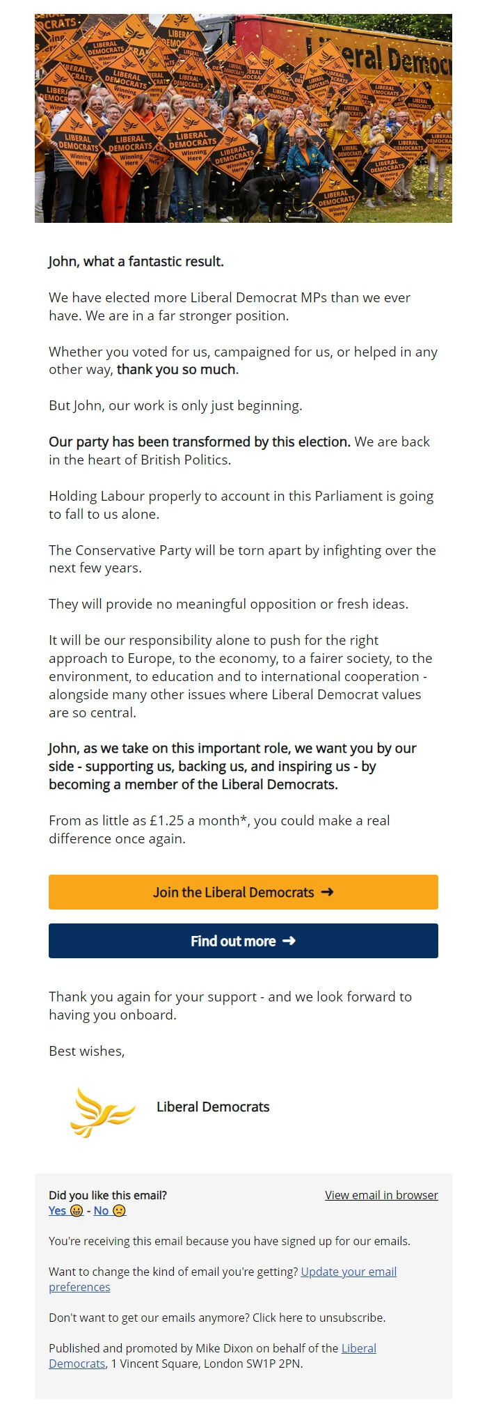 Screenshot of the email generated on import