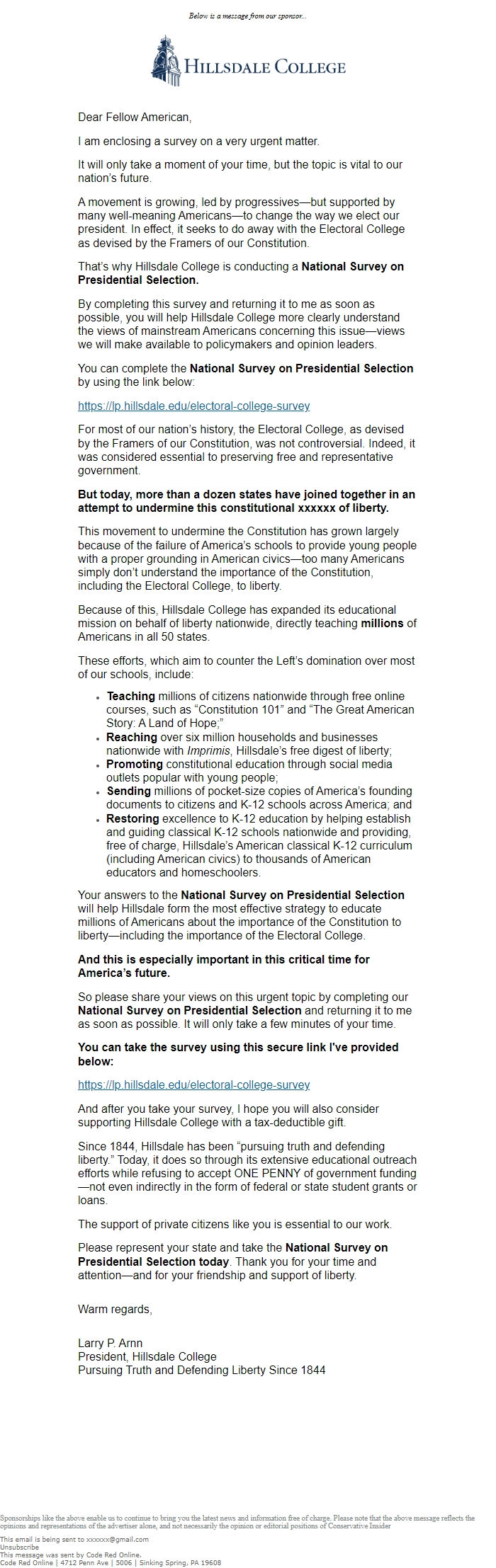 Screenshot of the email generated on import