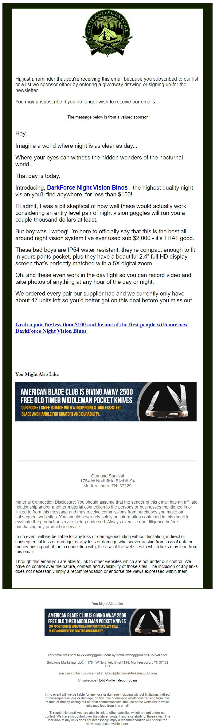 Screenshot of the email generated on import