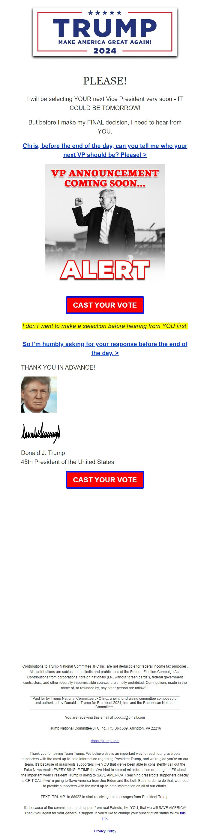 Screenshot of the email generated on import