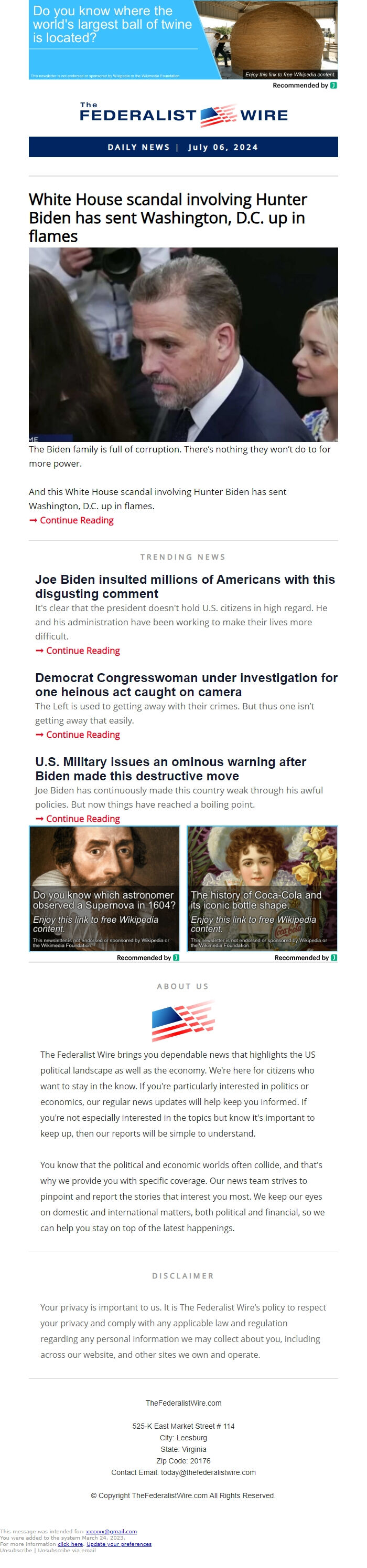 Screenshot of the email generated on import