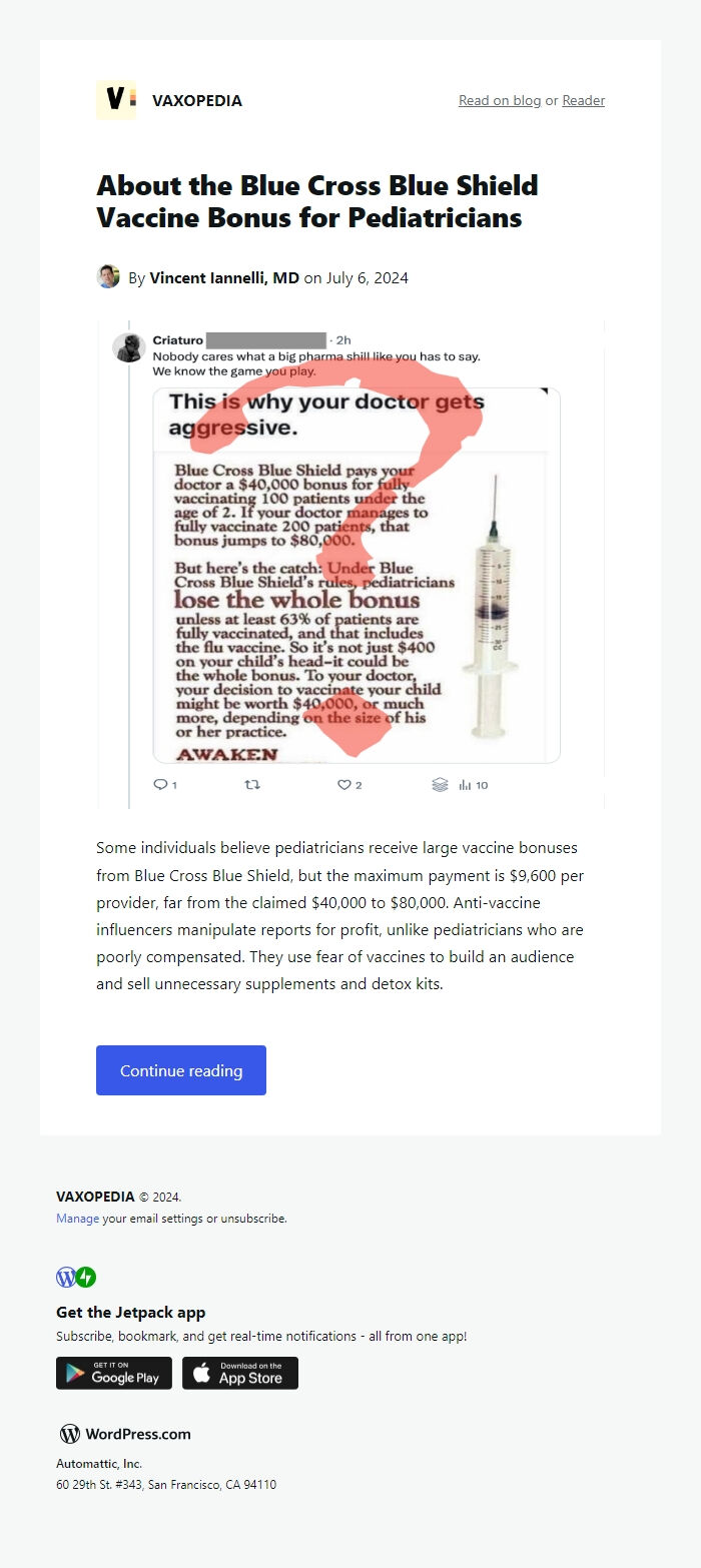 Screenshot of the email generated on import