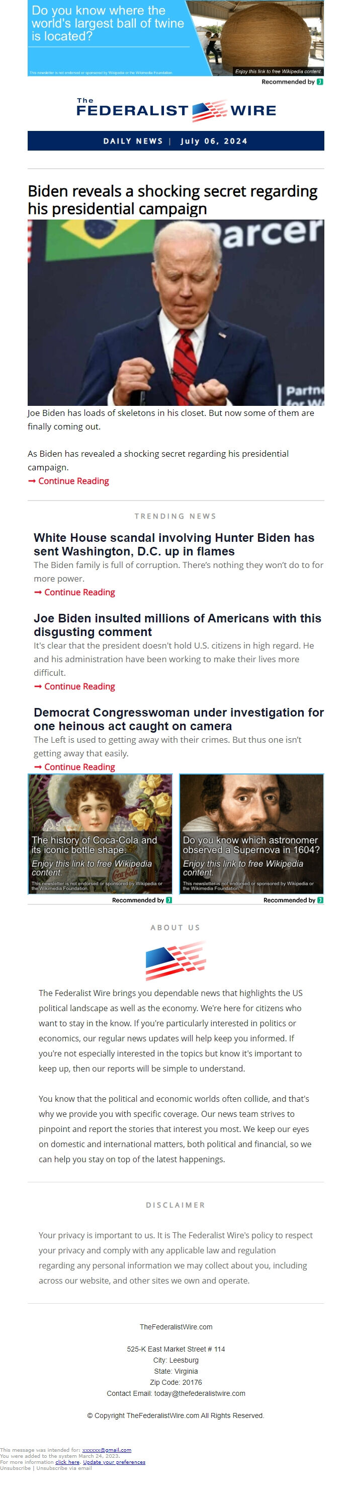 Screenshot of the email generated on import