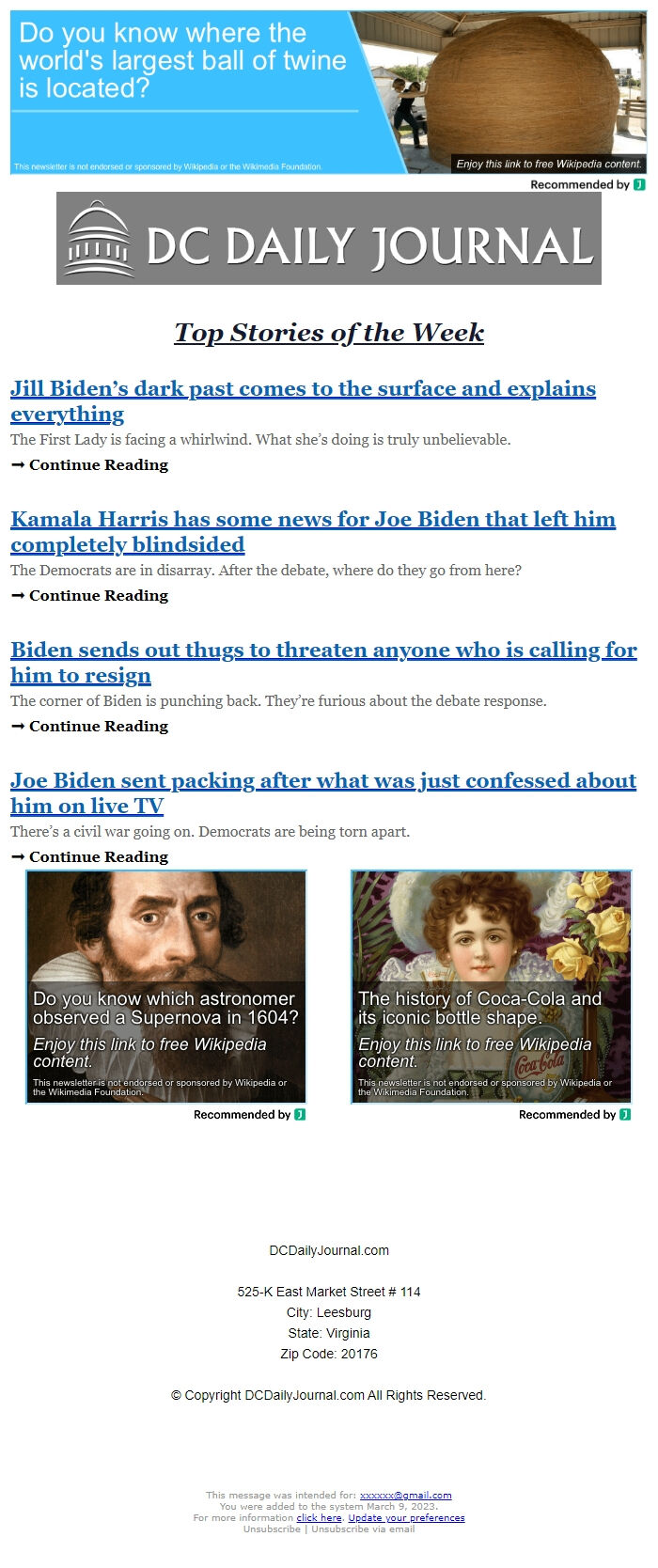 Screenshot of the email generated on import