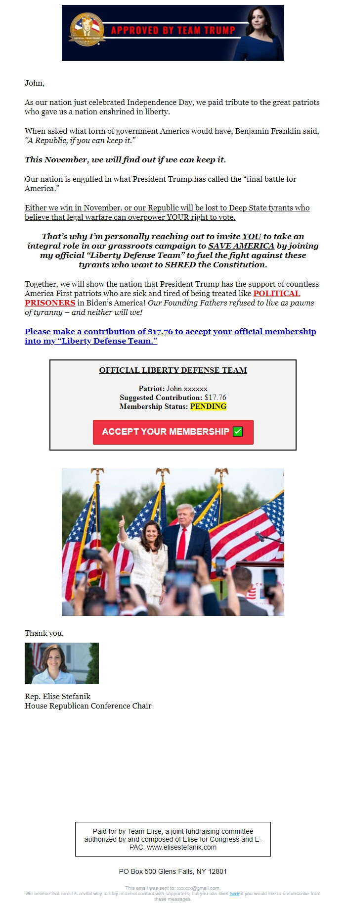 Screenshot of the email generated on import